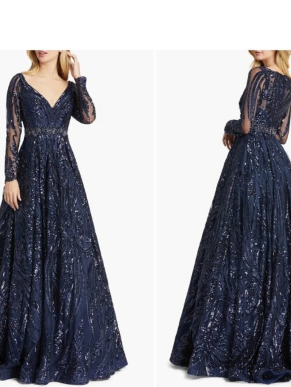 Mac Duggal Navy Beaded Sequin Long Sleeve Gown Size 14